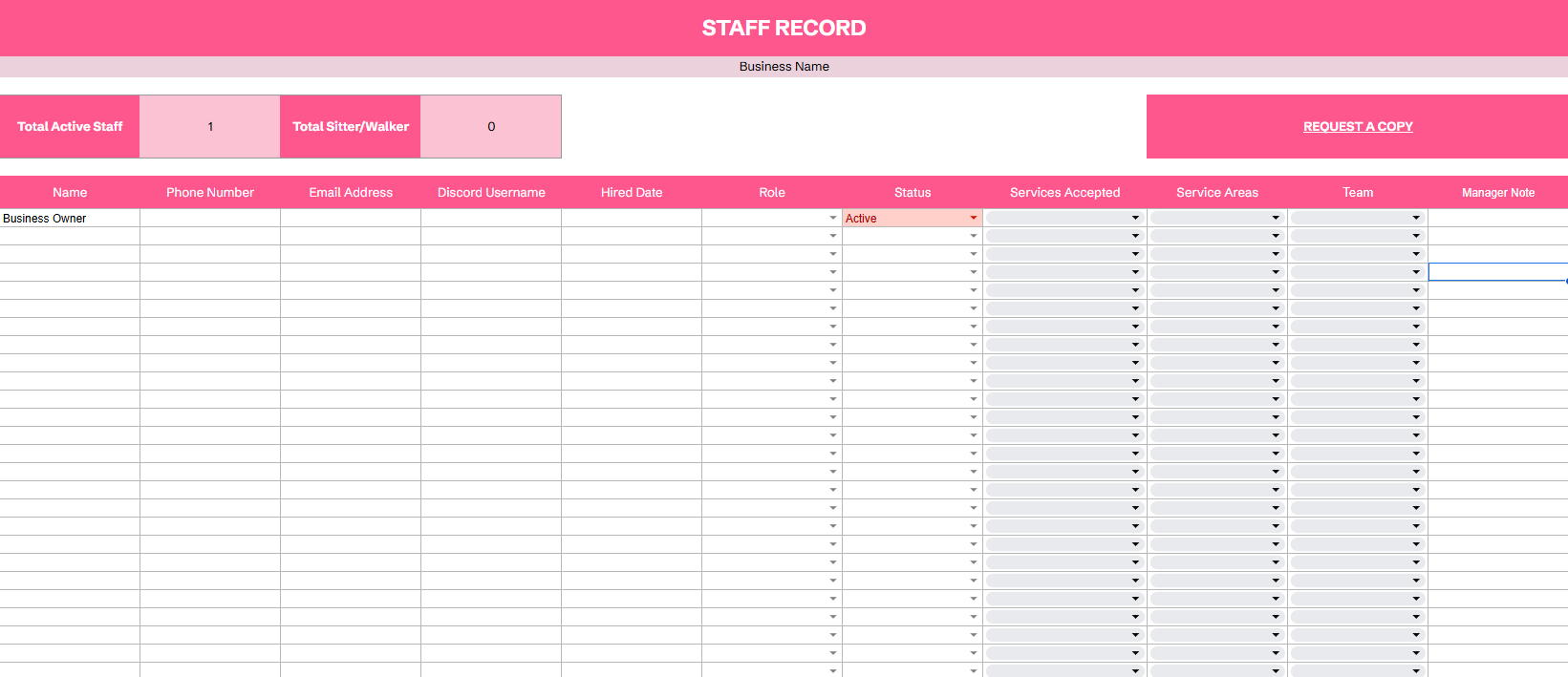 Staff Record Tracker Pet Care Business